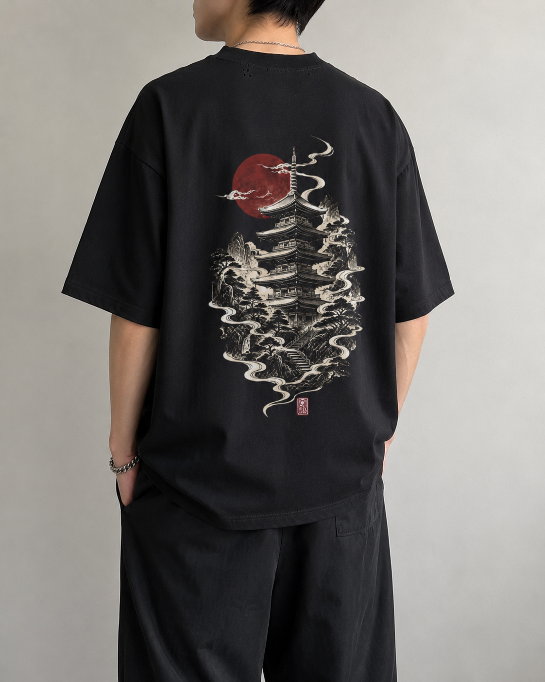Model fit view of the KUROGANE Sakura Watchtower oversized Japanese T-shirt