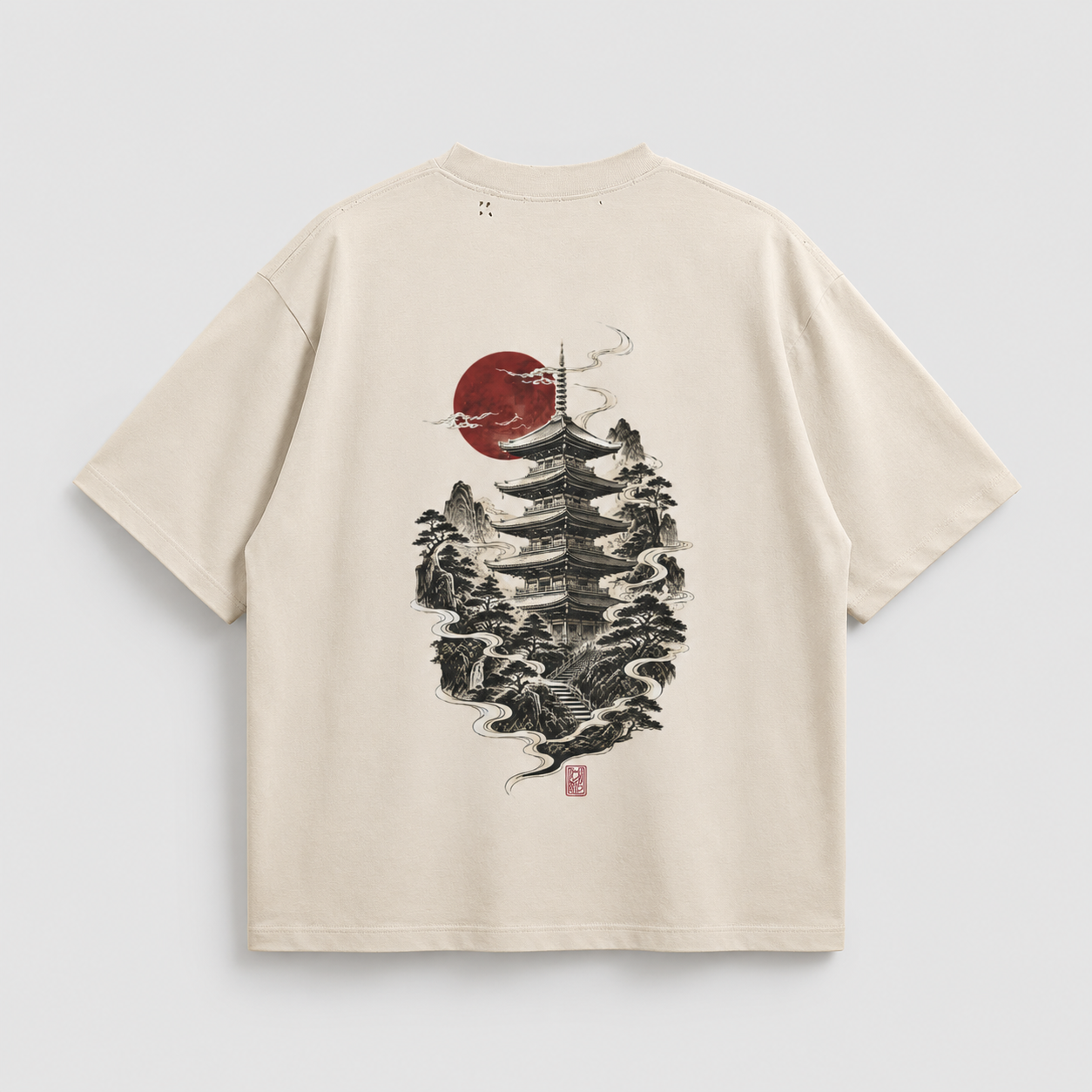 KUROGANE Sakura Watchtower heavyweight oversized T-shirt product mockup with Japanese blossom landscape artwork