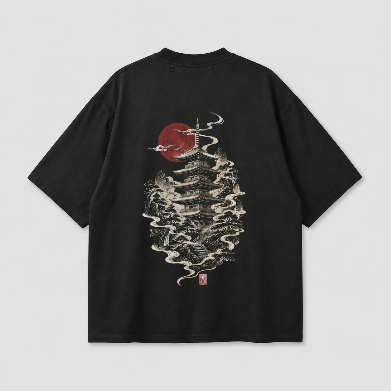 Product view of the KUROGANE Sakura Watchtower Japanese graphic oversized T-shirt