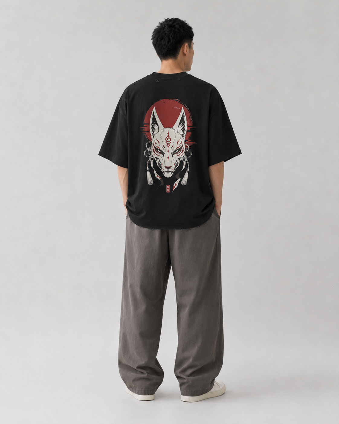 Model fit view of the KUROGANE Shattered Oni oversized Japanese streetwear T-shirt