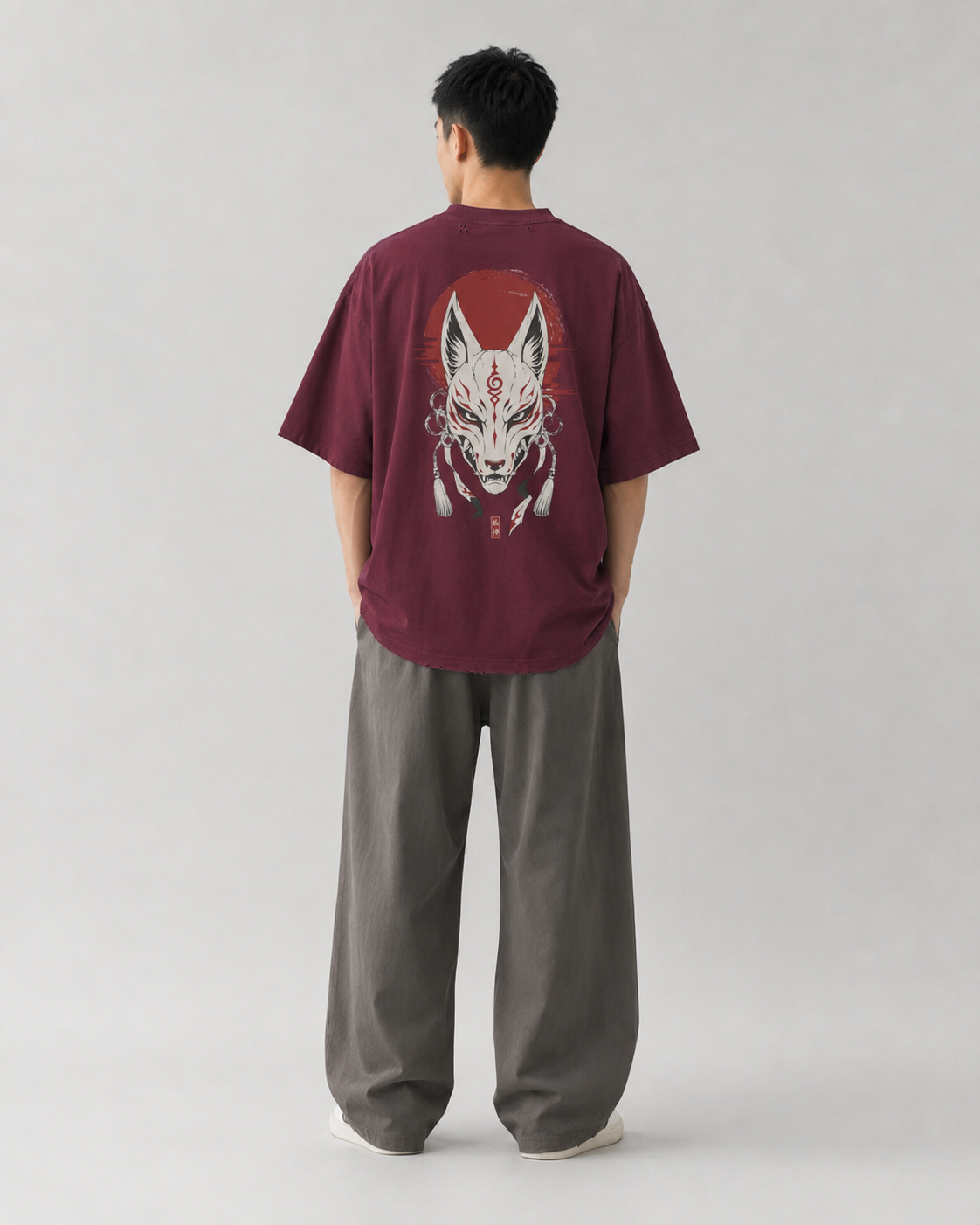 Model view of the KUROGANE Shattered Oni Japanese mask oversized tee