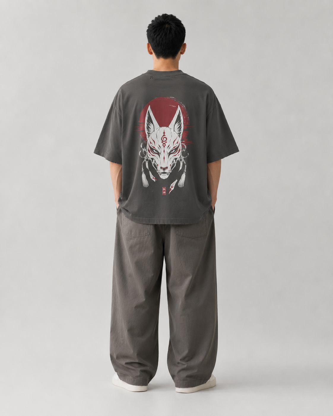 Model wearing the KUROGANE Shattered Oni heavyweight oversized Japanese T-shirt