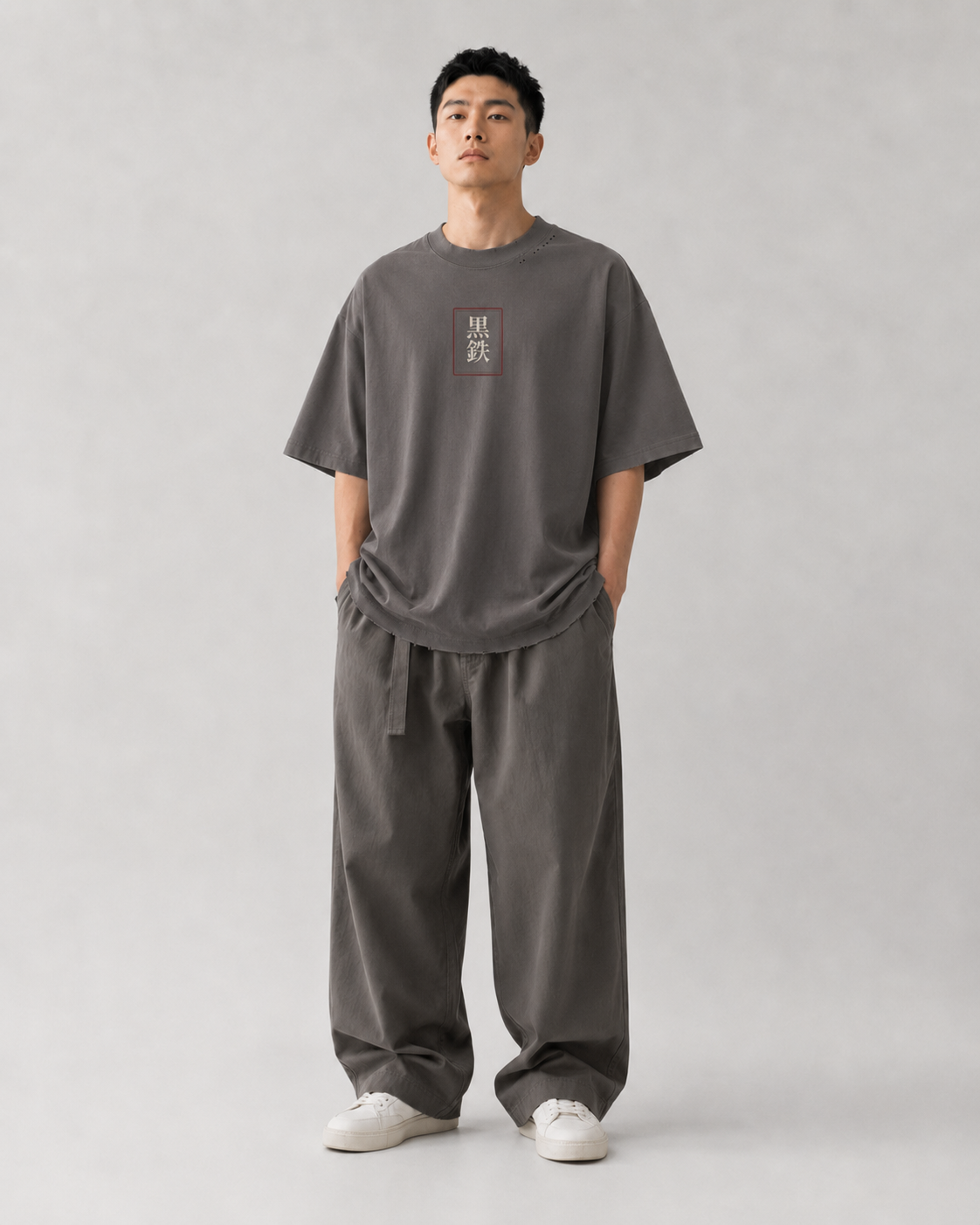 KUROGANE Shattered Oni fractured mask streetwear T-shirt shown on a model