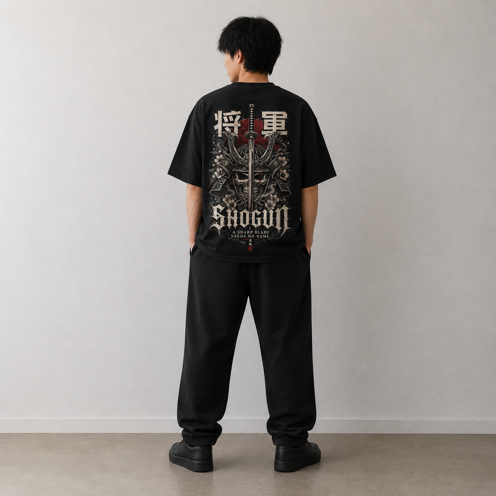 SHOGUN Blade black tee styled for minimalist Japanese streetwear