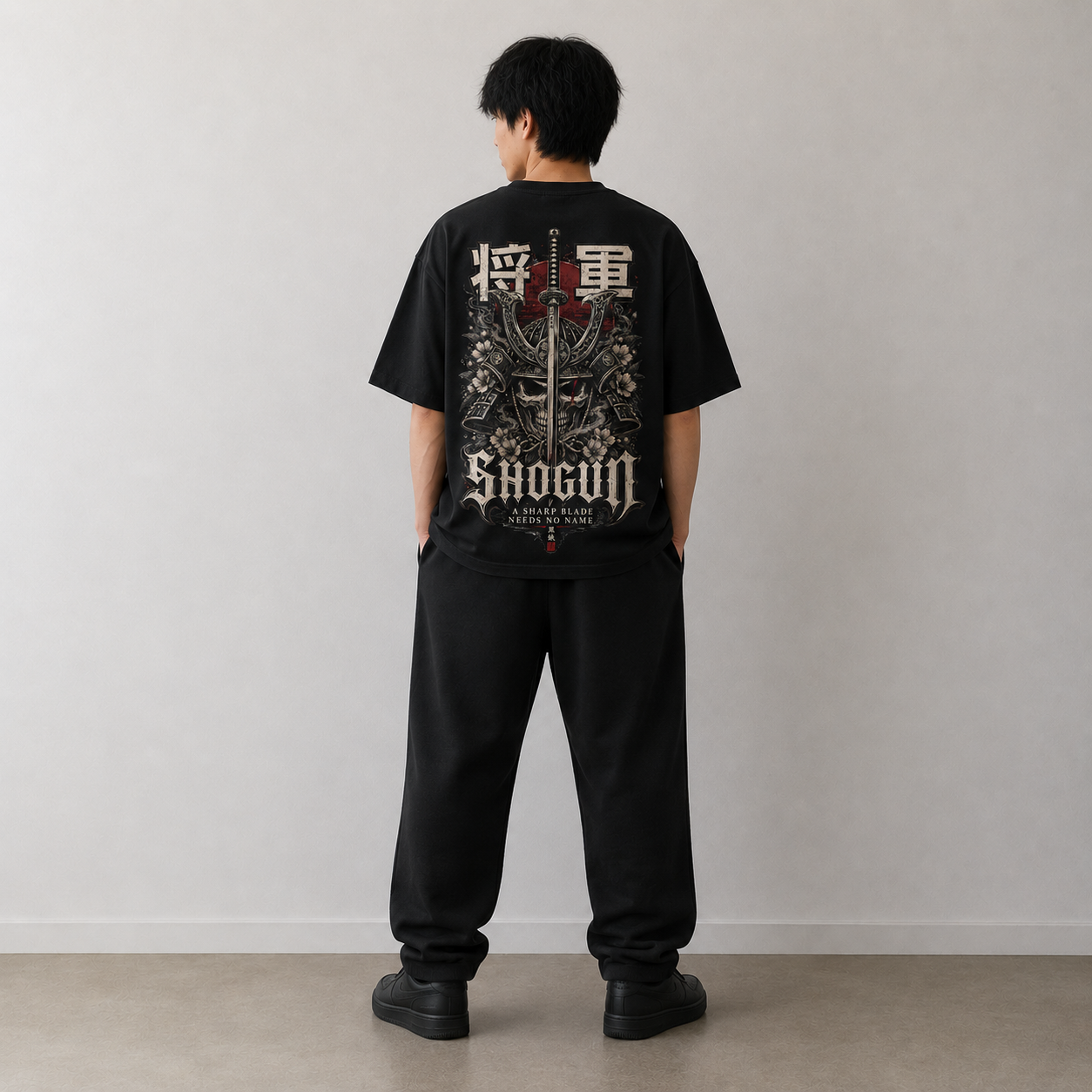 SHOGUN Blade black tee styled for minimalist Japanese streetwear
