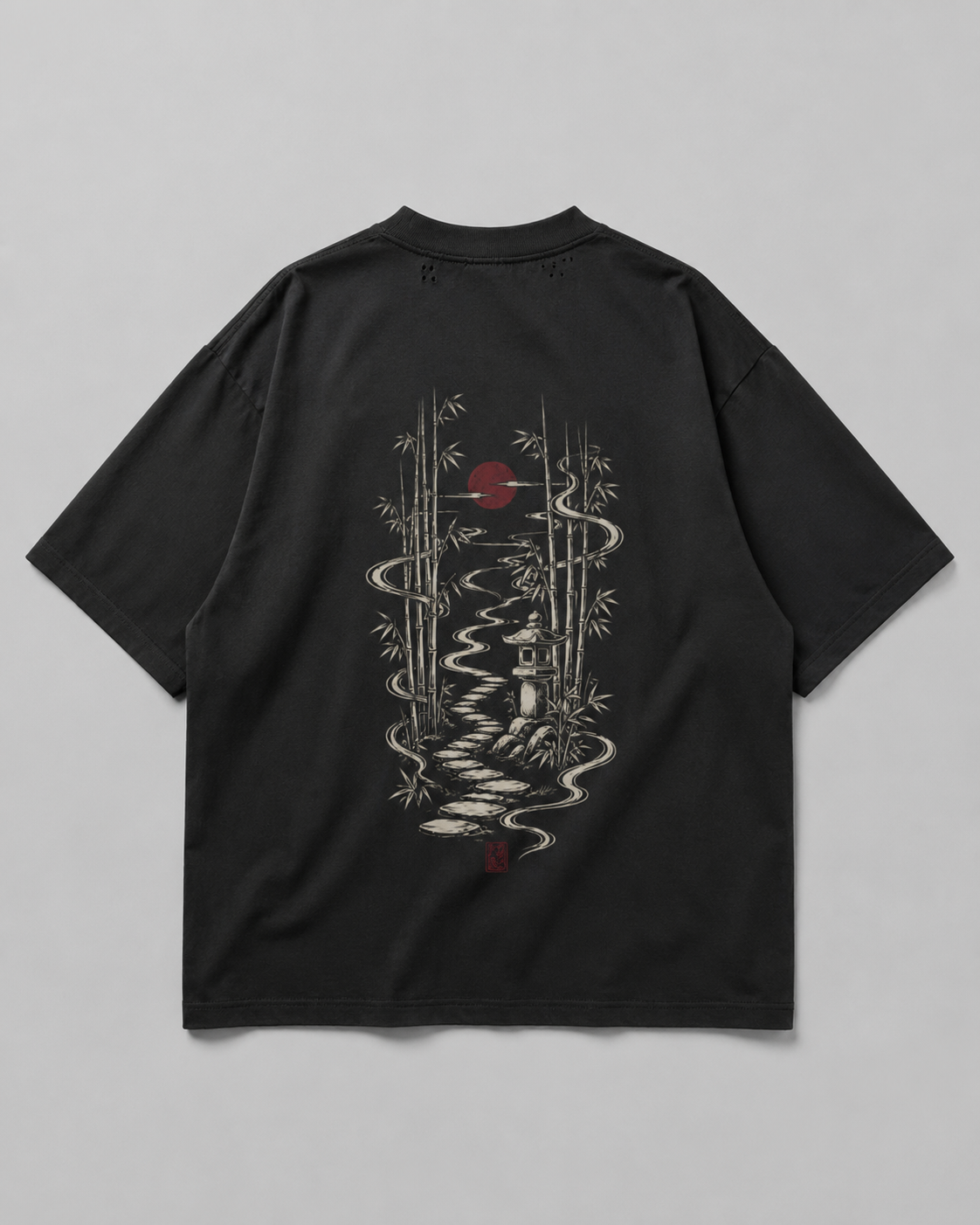 Model wearing the KUROGANE Silent Garden heavyweight oversized Japanese Zen T-shirt