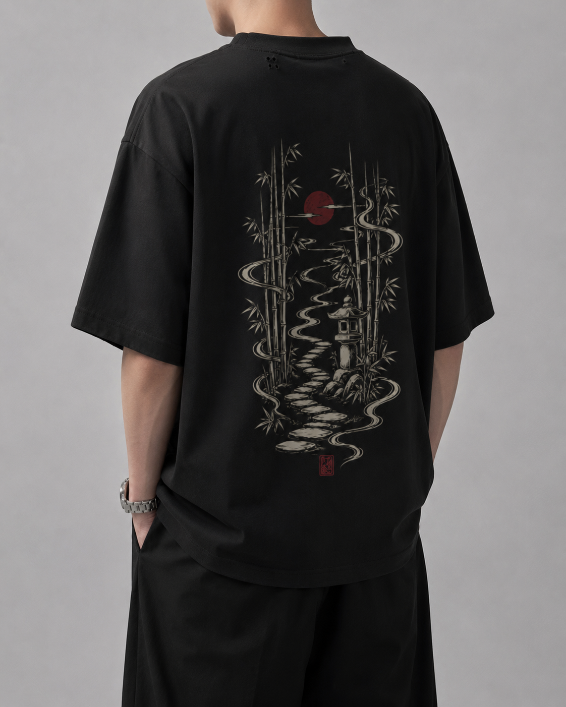 Model fit view of the KUROGANE Silent Garden Japanese landscape graphic T-shirt