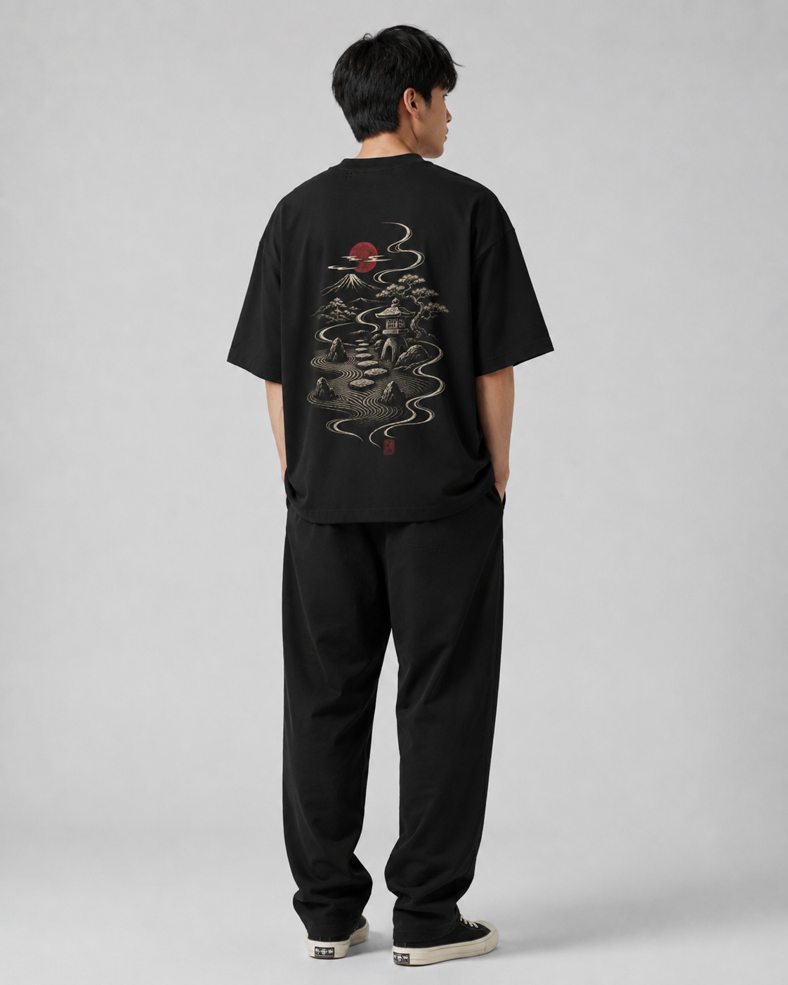 Model wearing the KUROGANE Stillwater Hamlet heavyweight oversized Japanese village T-shirt