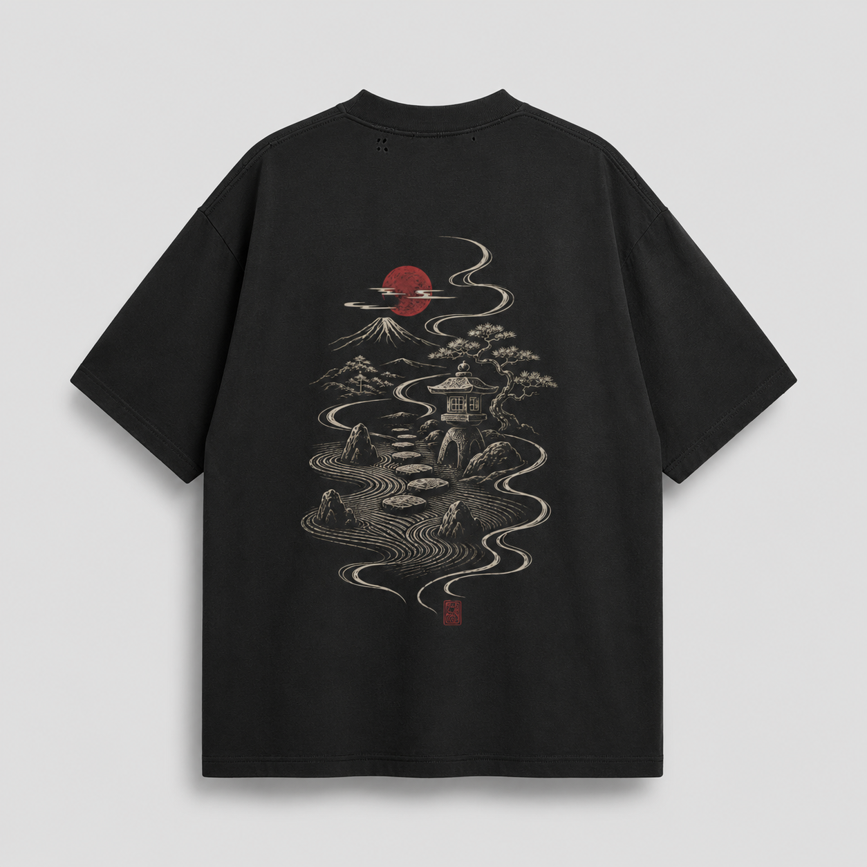 KUROGANE Stillwater Hamlet heavyweight oversized T-shirt product mockup with Japanese village artwork